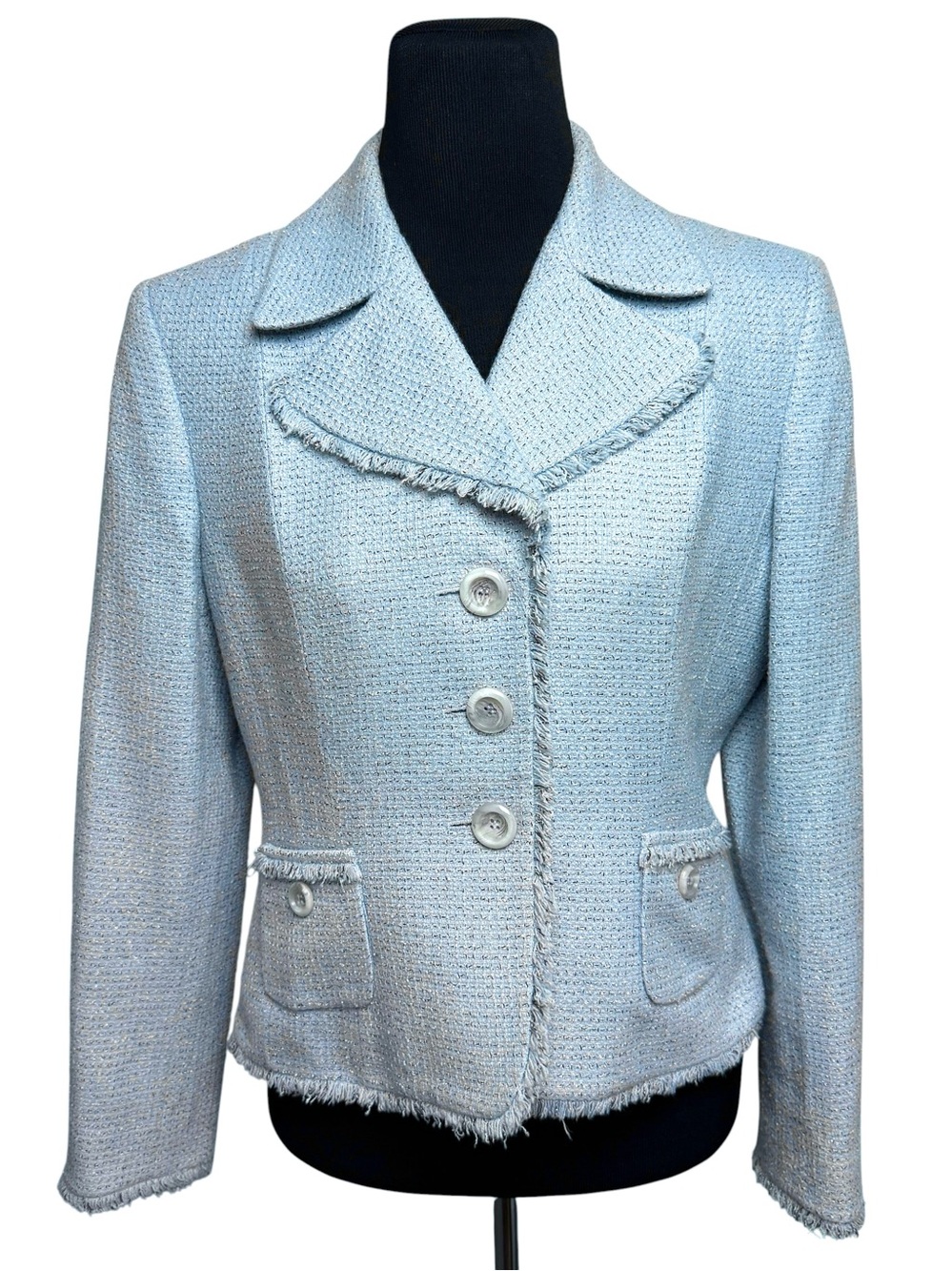 Tahari Light Blue Tweed Blazer Jacket Petite 8 Peter Pan Collar Coastal Office